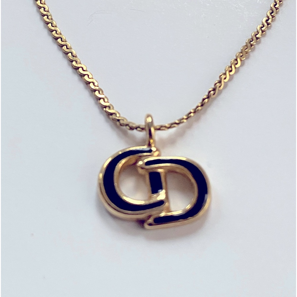 Christian Dior Necklace Gold plated black enamel in original dust bag VTG 15"+2"